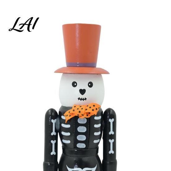 Halloween Skeleton Nutcracker Wooden Figurine Hand-Painted Soldier Ornament Retro Handmade Seasonal Collectible Style Decorative Statue for