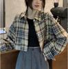 Women's Korean Retro Plaid Slimming Shirt - Long Sleeve, Short Top for Spring & Autumn 2025