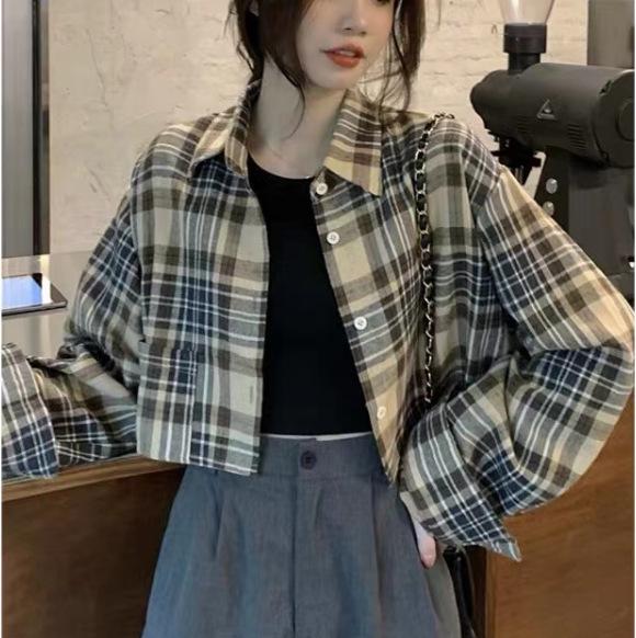 Women's Korean Retro Plaid Slimming Shirt - Long Sleeve, Short Top for Spring & Autumn 2025