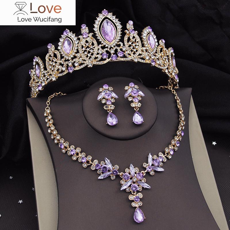 Великолепные роскошные комплекты свадебных украшений с фиалками и кристаллами для женщин, диадемы, ожерелье невесты, серьги, свадебный комплект с короной, аксессуары