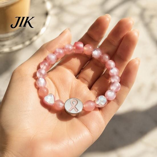 Durable Alloy Ribbon Wrist Jewelry Breast Cancer Awareness Bracelets, Charm Beads Comfortable Elastic Wristwear Bracelet, Encouragement Gifts