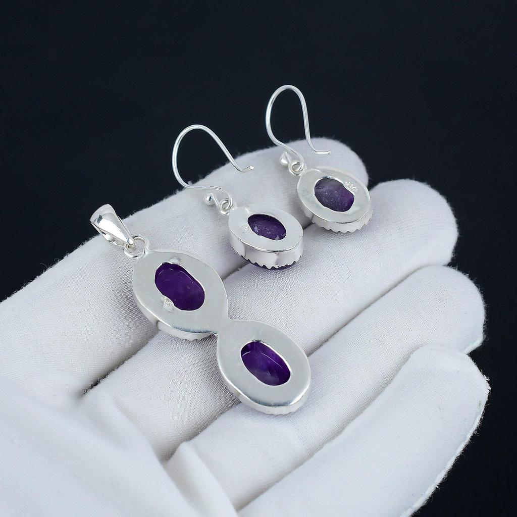 Комплект подвесок из натурального аметиста, аметистовый драгоценный камень, ручная работа, серьги, подвеска из стерлингового серебра 925 пробы, комплект для женщин, подвеска, праздничный наряд, подарок для любимого человека
