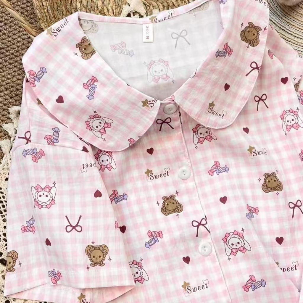 Girls' new pink plaid bow rabbit bear pajamas women's summer short-sleeved shorts set loungewear two-piece set