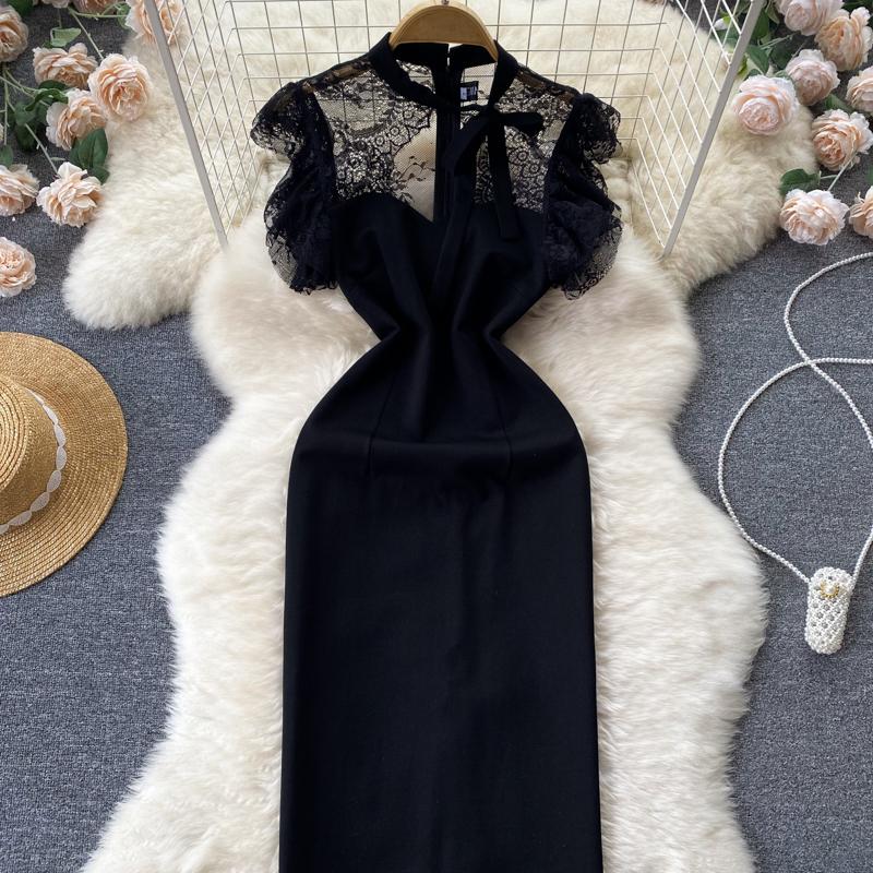 Lace Splice Black Office Work Dress French Style Summer Women Zipper O Neck Elegant Ladies Split Solid Slim Bodycon Dresses