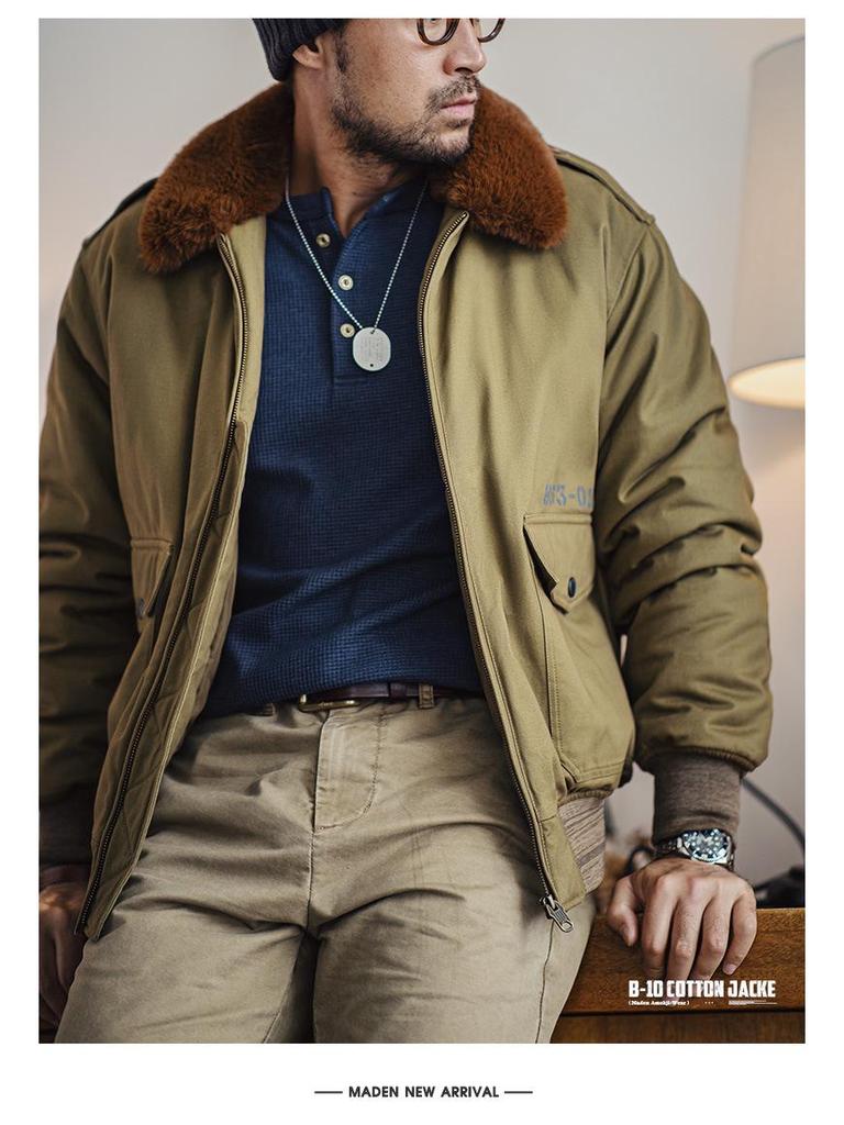 Maden Workwear B10 Ретро Бомбер - Мужская Зимняя Хлопковая Куртка с Меховым Воротником-Лацканом