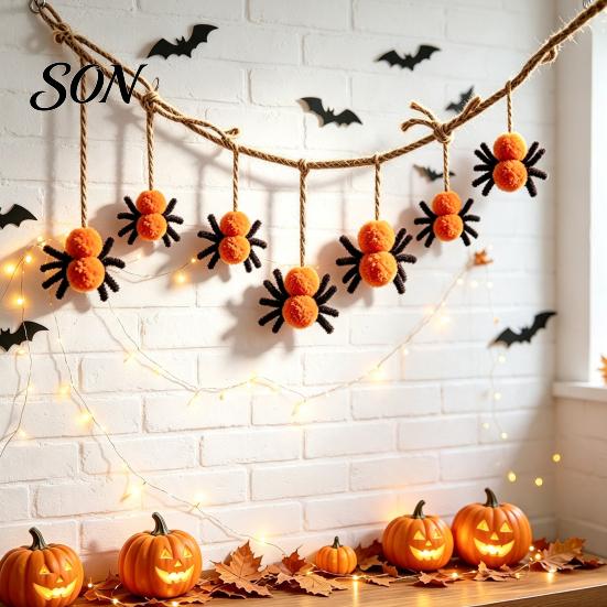 Plush Spider Hanging Decor 78 Inch Halloween Banner, Mini Black Orange Wall Ornament for Home Pom Garland Party, Fireplace, Window Sign