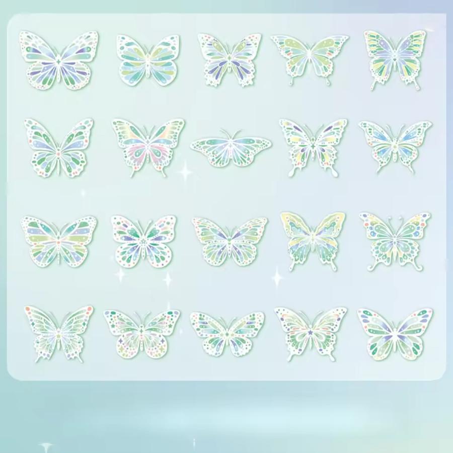 20Pcs Butterfly Scrapbook Stickers Kit Holographic PET Transparent Waterproof Stickers Set for Junk Journal Journaling
