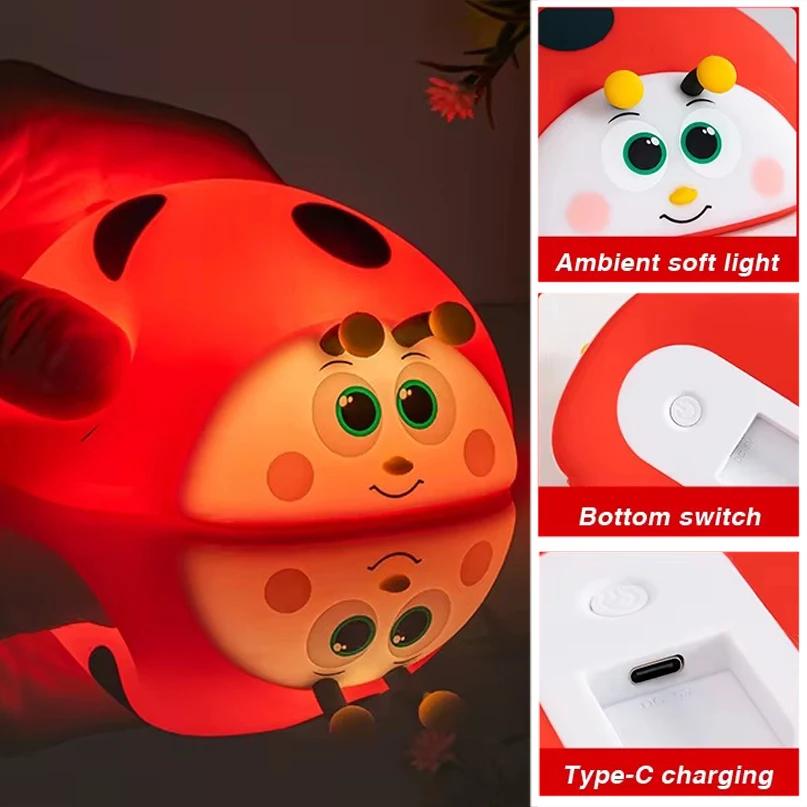 GGbingo Ladybug RGB LED Night Light Cute Cartoon Animals Silicone Lamp Touch Sensor Timing USB Rechargeable for Room Decoration