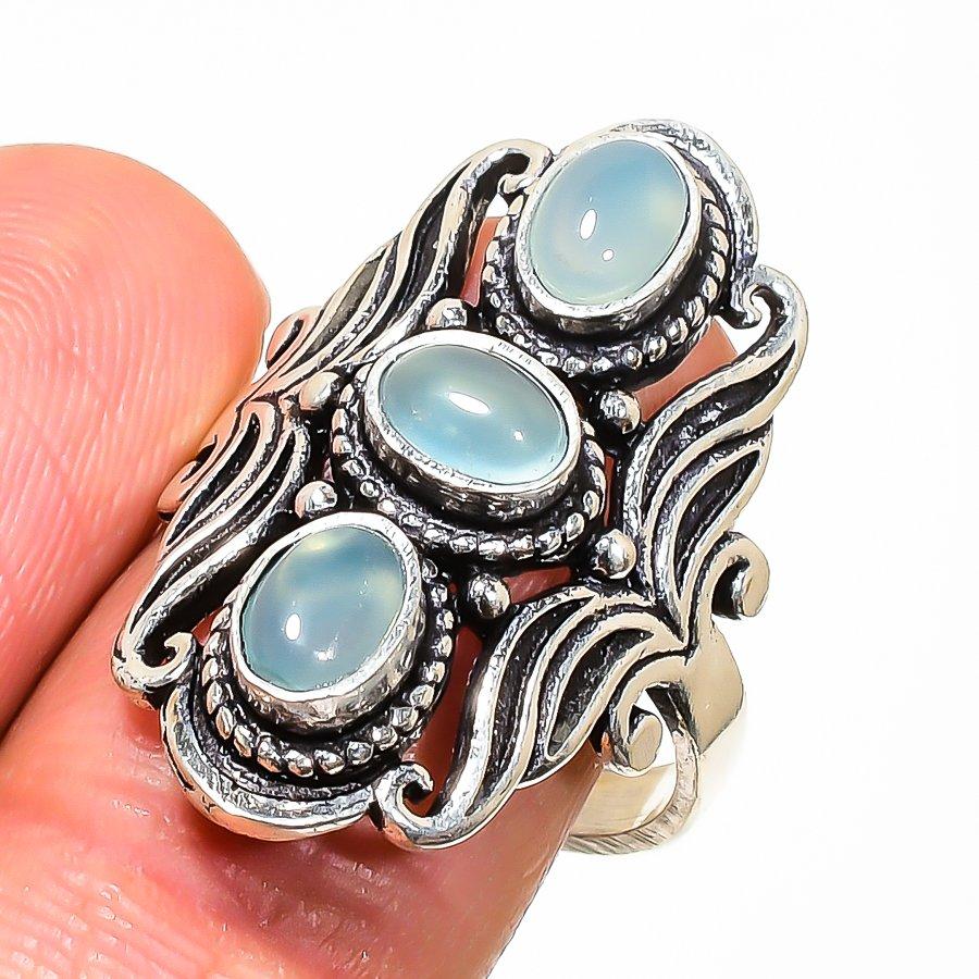 Натуральный аква-халкидон драгоценный камень 925 стерлинговое серебро ювелирное кольцо размер 9 AR-16739