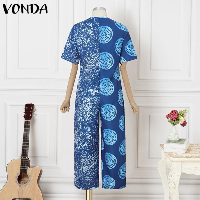 VONDA Свободные женские комбинезоны с круглым вырезом и коротким рукавом, с принтом, повседневные длинные комбинезоны
