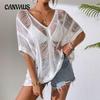 Plus Size Women's Summer Solid Color Sexy Knitted Beach V Neck Hollow Bikini Smock