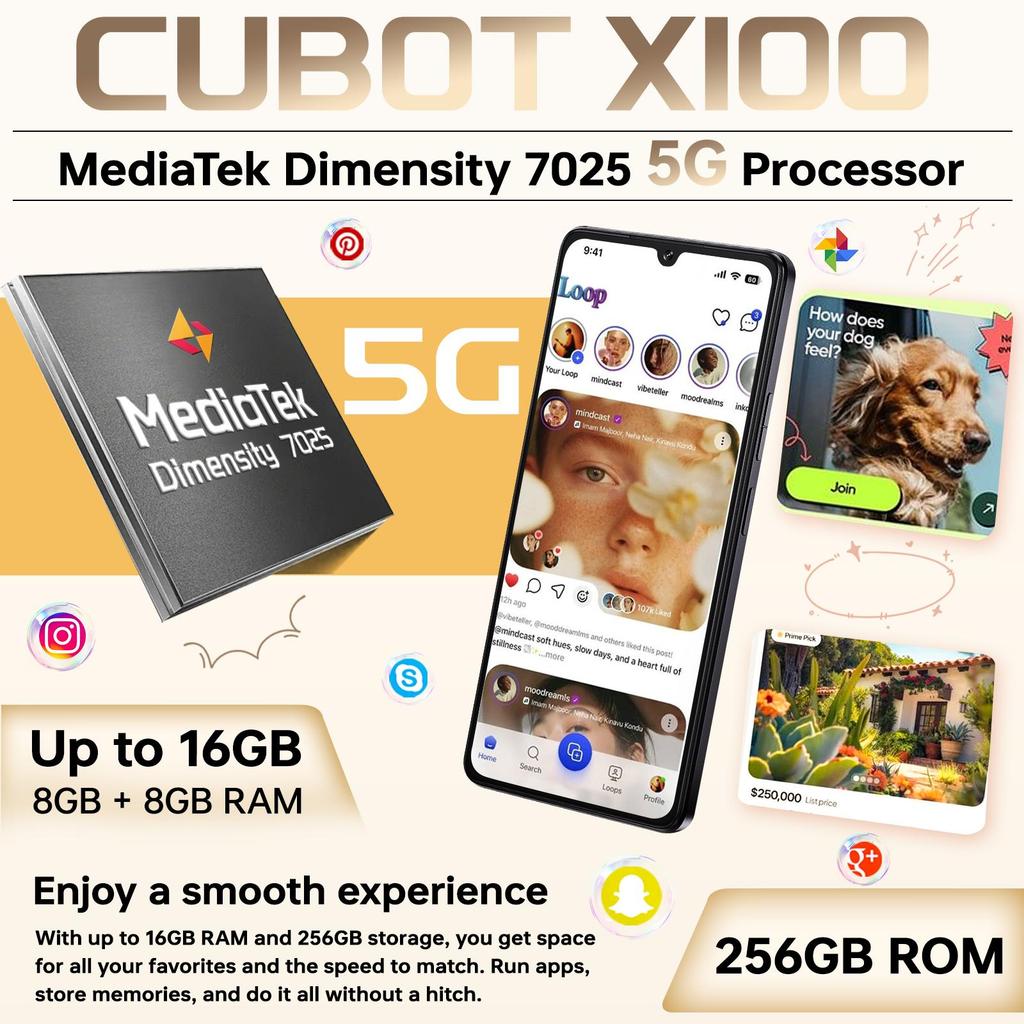 Смартфон CUBOT X100 5G Android 15, 6.88'' HD+ 120Hz, 16GB+256GB, MTK 7025, 64MP+16MP, 5100mAh/33W, 1.72" Задний дисплей, 5G Dual SIM/NFC/Двойные динамики