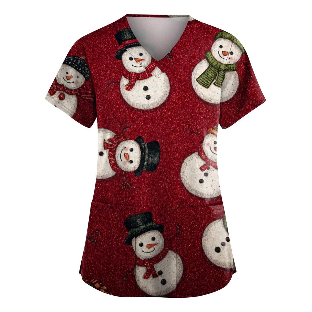 Women's Fashion V-Neck Short-Sleeved Workwear With Pockets Christmas Print Top Caregiver Uniform