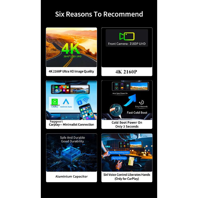 12-дюймовая IPS-камера переднего вида 4K с сенсорным экраном, видеорегистратор - Поддерживает беспроводной Carplay/Android Auto с G-сенсором и FM-передатчиком