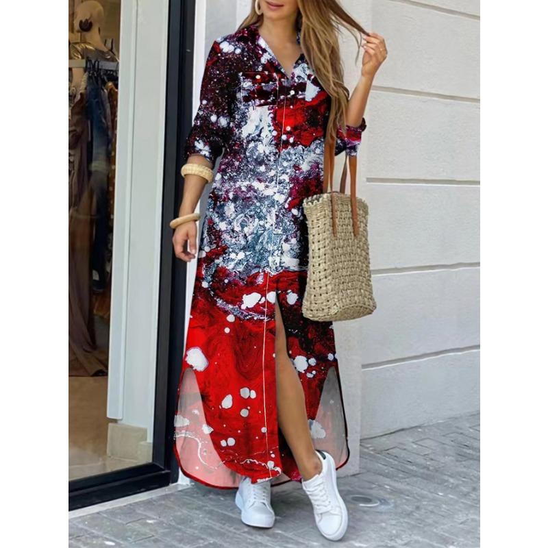 YYFS Women's Fashion Spring Fall Colour Block Print Long Sleeve POLO Neck Loose Waistline Casual Dresses