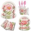 Mother'S Day Pink Flower Party Set Disposable Paper Plate Tissue Paper Cup Flag Party Decoration