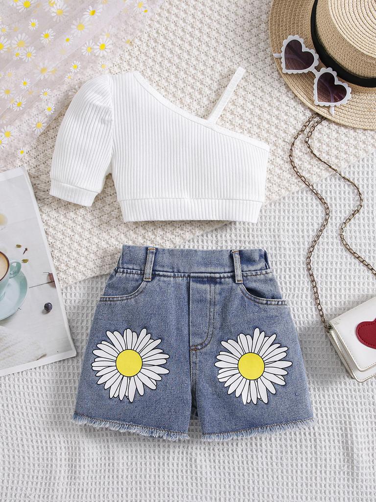 Girls' Suit Summer Children's Solid-color Short-sleeved Top and Denim Shorts