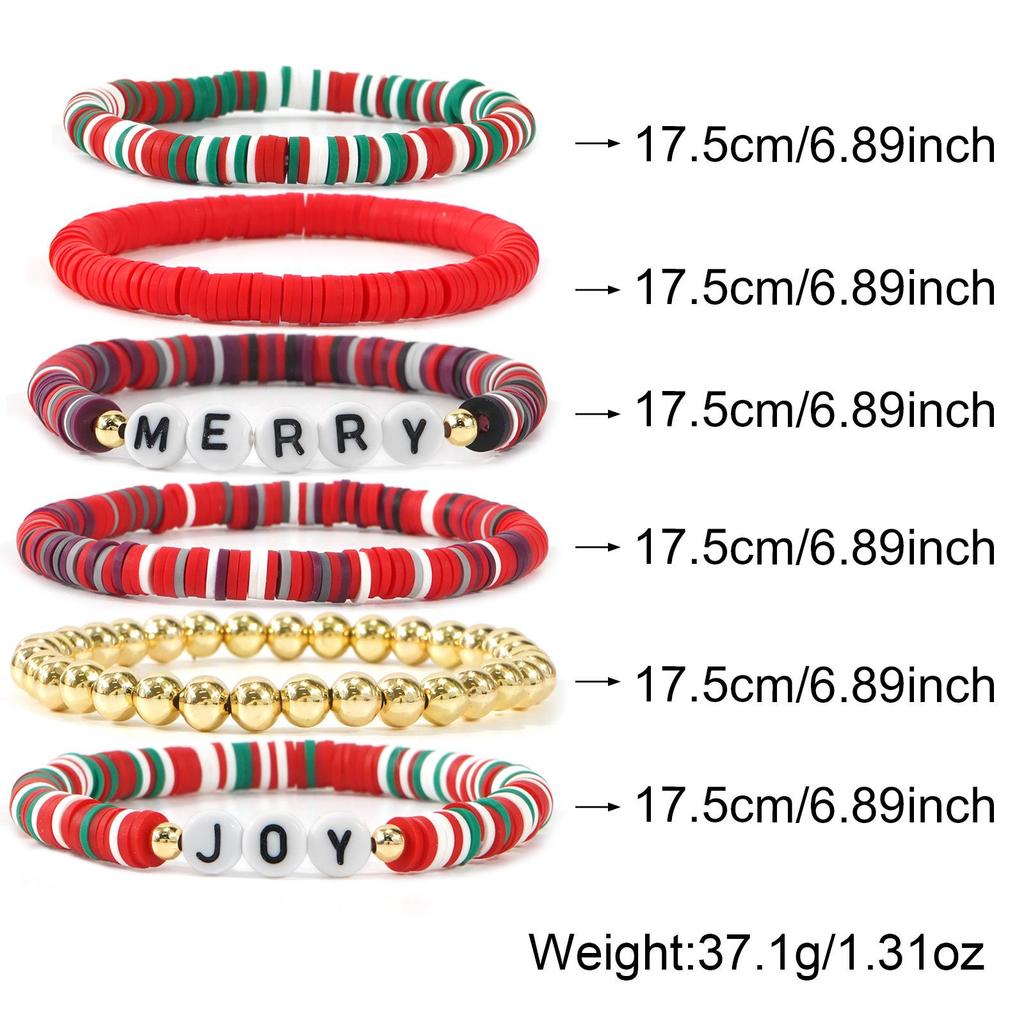 Festive Polymer Clay Bracelet Set: 6-Piece Christmas Stripes with Letter Elements