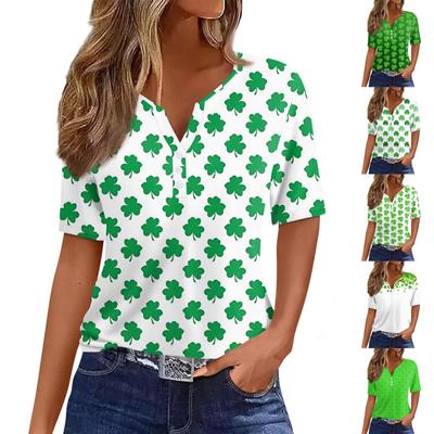 Женская повседневная одежда St. Футболка с короткими рукавами и V-образным вырезом, декоративными пуговицами и принтом ко Дню Святого Патрика