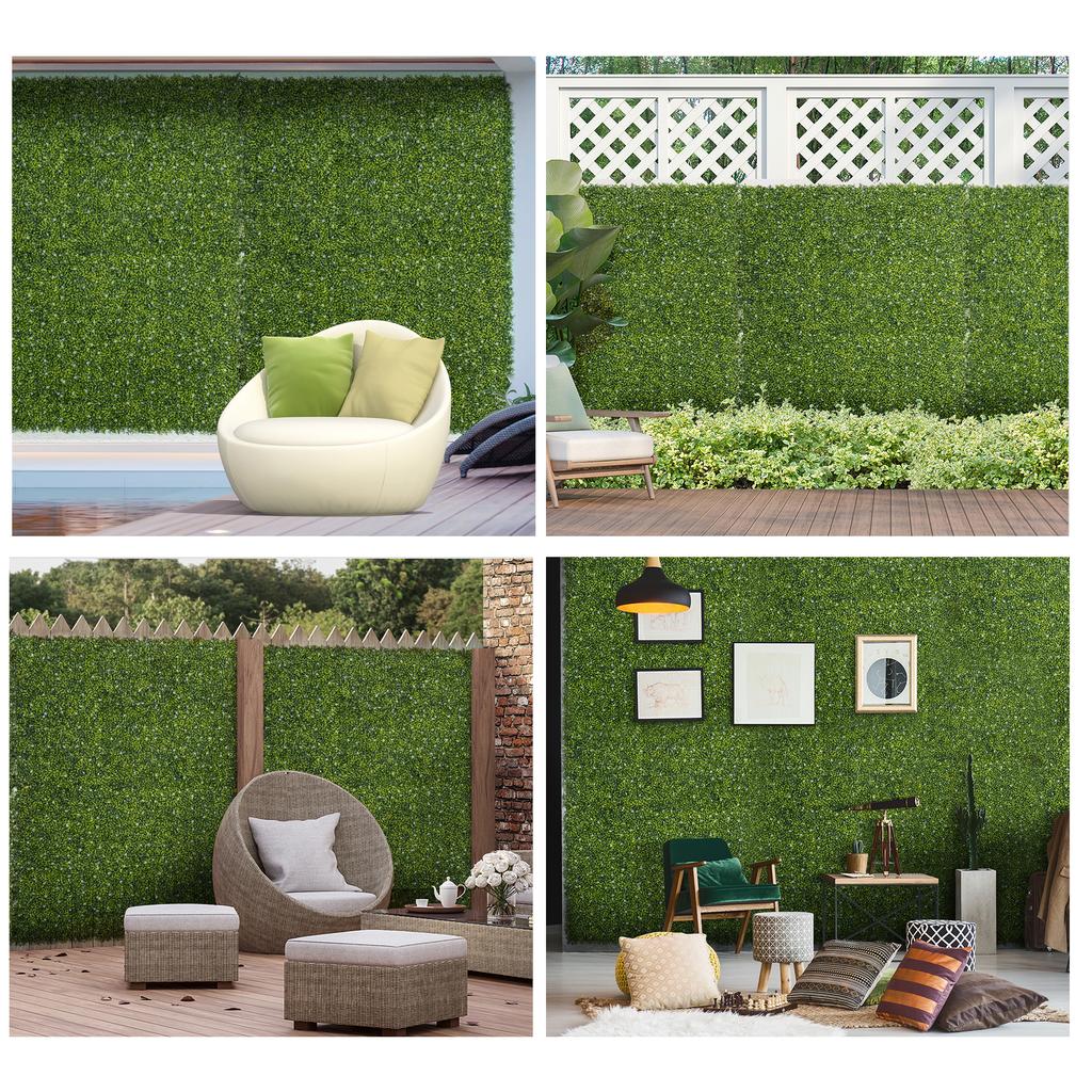12PCS Artificial Boxwood Wall Panels 50cm x 50cm Grass Privacy Fence Screen Faux Hedge Greenery Backdrop Encrypted Milan Grass with White Flowers for