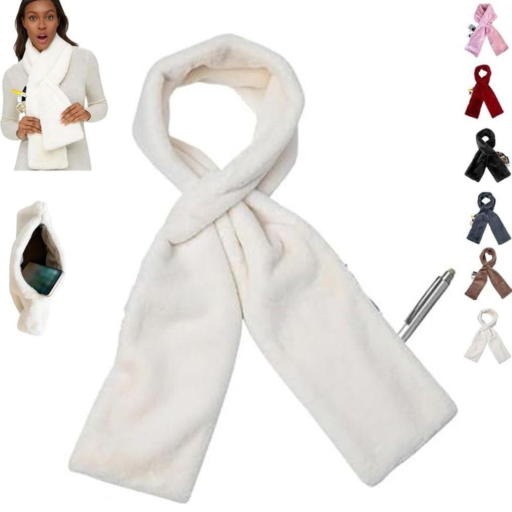 Soft Scarf with Hidden Zipper Pocket Phone Storage Faux Fur Scarf Warm Long Scarf Winter Season