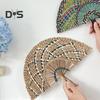 Handmade Straw Weaving Fan Natural Sea Grass Raffia Hand Fan Semicircular Woven Palm Leaf Handheld Fan Summer Cooling Fan Wedding Party Decoration