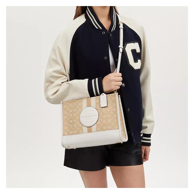 COACH Dempsey 30 Embossed Logo Stripe Classic Presbyopic Snaps Pebble Jacquard and Leather Shoulder Handbag Large Women's Gold and Light Khaki Chalk