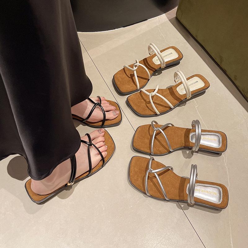 Fashion versatile Internet celebrity retro sense square head word with slope heel sandals women summer Maillard two wear sandals