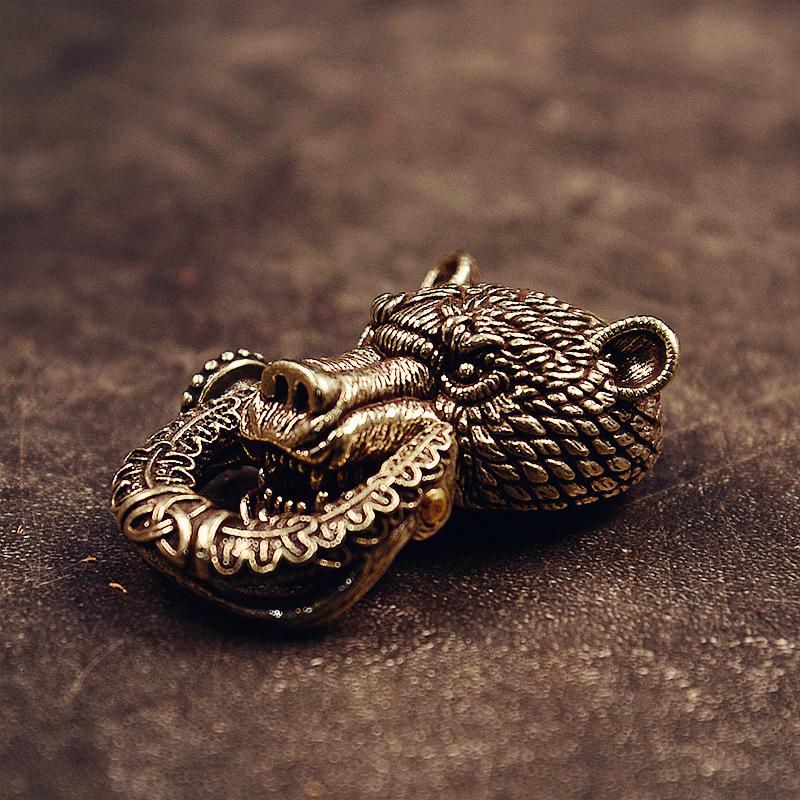 Brass Domineering Bear Buckle Car Keychain Creative Retro Chinese Style Male Trend Motorcycle Personality Keychain Circle