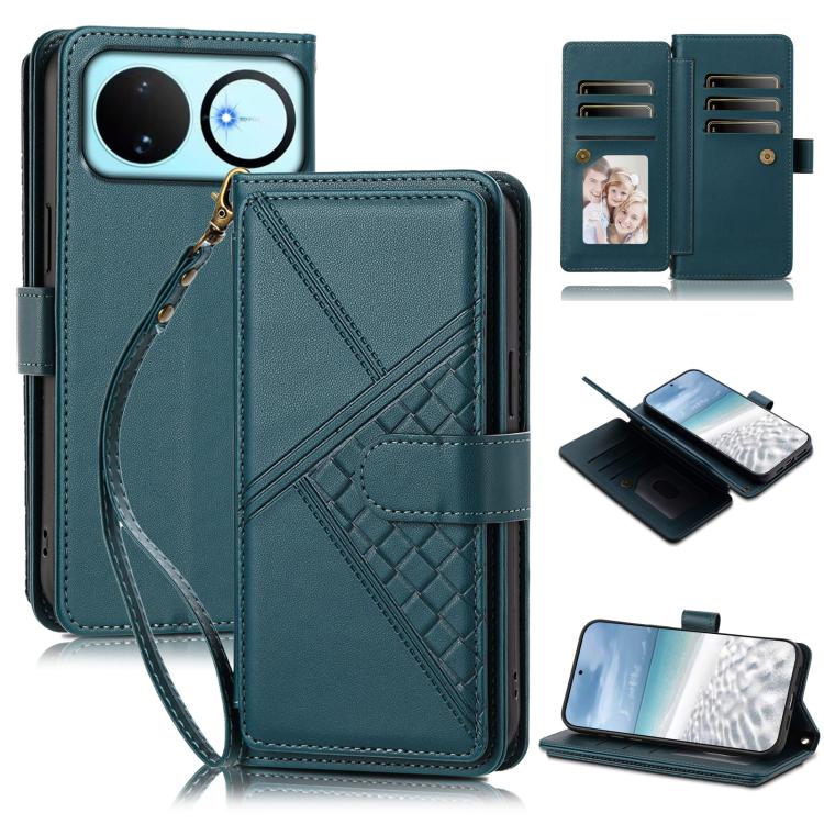 Embossed Secure Clasp 9-Card Slot Vegan Leather Phone Case with Wrist Strap