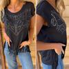 Women T-shirt Round Neck Short Sleeve Tee Shirt with Hot Rhinestones Printing Tassel Hem Solid Color Pullover Tops