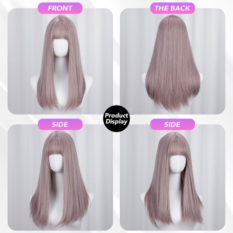 Прямой парик Серый фиолетовый с воздушной челкой 20-дюймовые синтетические парики из волокна Термостойкие натуральные для вечеринок или селфи для женщин Ежедневное использование Корейская мода