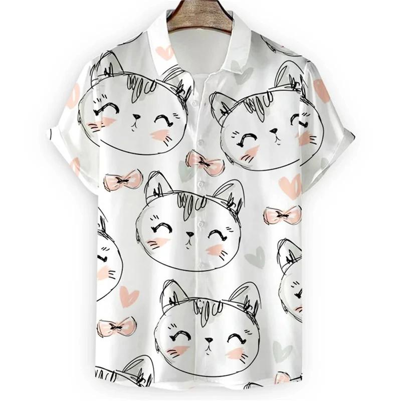 Новая рубашка Kawaii 3D Cartoon Anime Cat Print Shirt для мужчин Cool Designs Short Sleeve Button Hawaiian Shirts Holiday Beach Tops Bloose