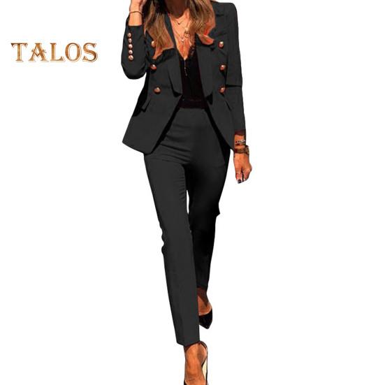 2 шт./комплект женский деловой пиджак брюки комплект с длинными рукавами декорированный пуговицами лацкан кардиган средней длины пиджак прямые брюки с высокой талией формальный деловой