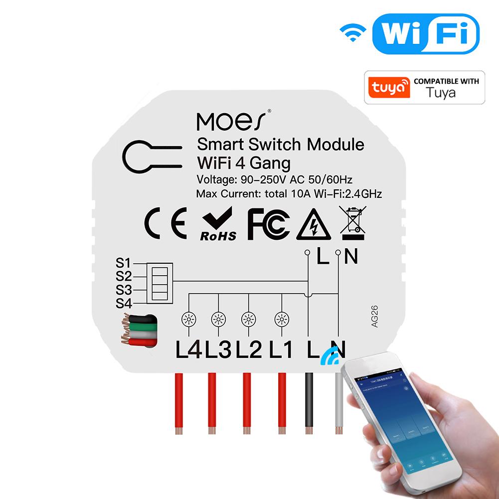 4-клавишный Wi-Fi модуль переключателя Wi-Fi Интеллектуальный выключатель света Голосовое управление Управление через приложение Дистанционное управление Функция совместного доступа Независимый