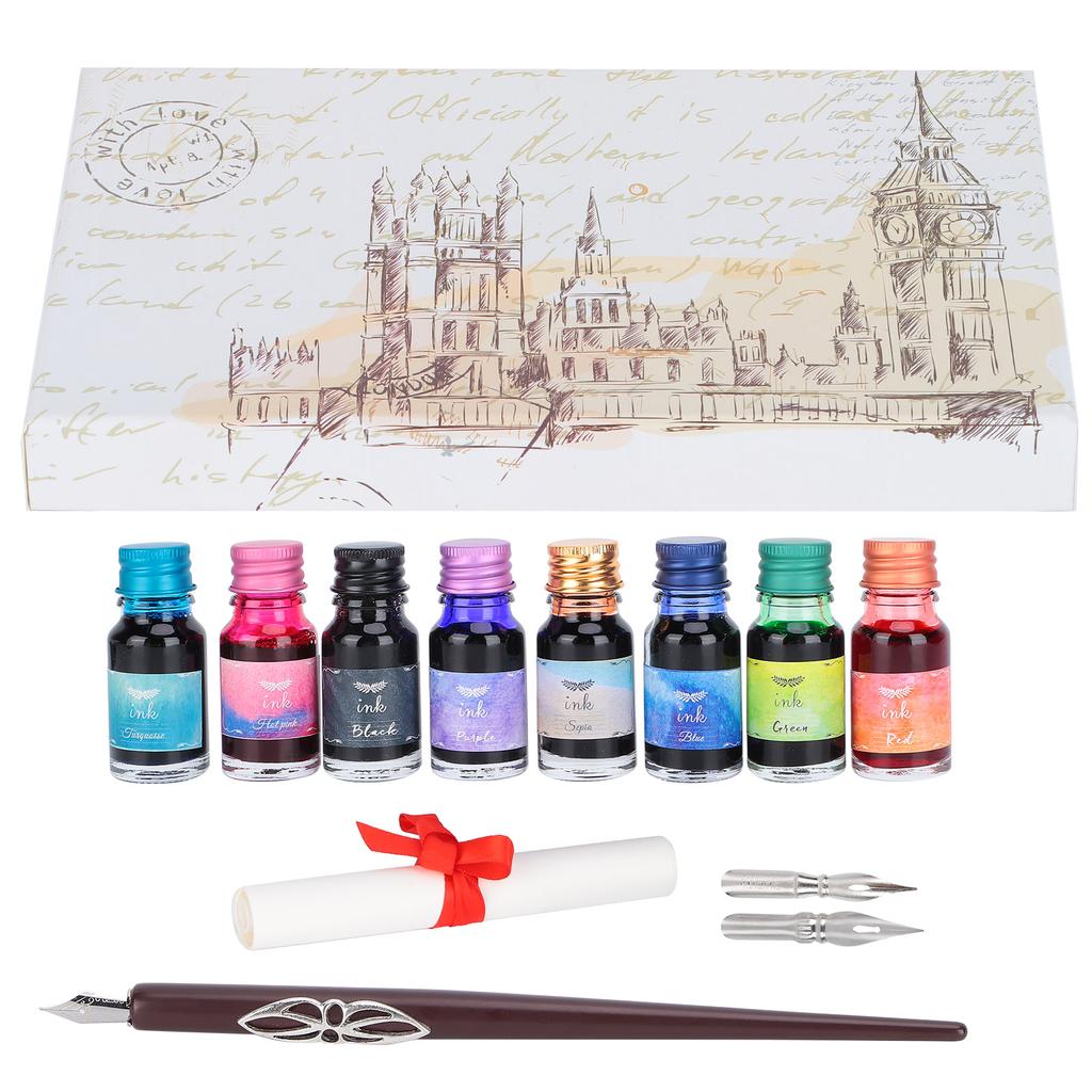 Dip Pen 8-Color Ink Wooden Pole Calligraphy Fountain Pen Gift Box Set with Replaceable Nib