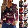 Women's T Shirt Tee Christmas Print Button Long Sleeve Daily Weekend Fashion Basic V- Neck Regular Top