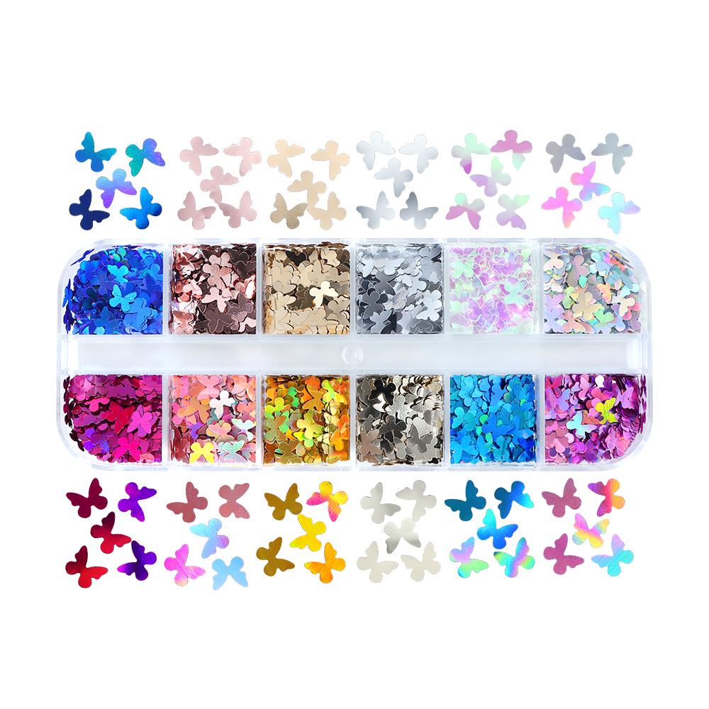 12Grids 3D Butterfly Shape Sequin Nail Art Glitter Flakes Mixed Mini Paillette Sparkly DIY Nail Art Decortion Nails Accessories