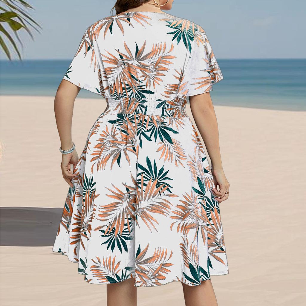 Women's Fashionable Print Round Neck Loose Short Sleeved Pocket Pullover Dress