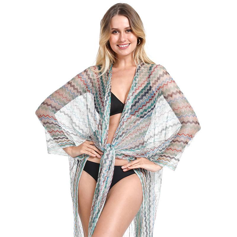 Women's Tassel Cardigan Beach Cover-Up Shawl: Sun Protection Bikini Cover, European & American Style, Hollow Out Design