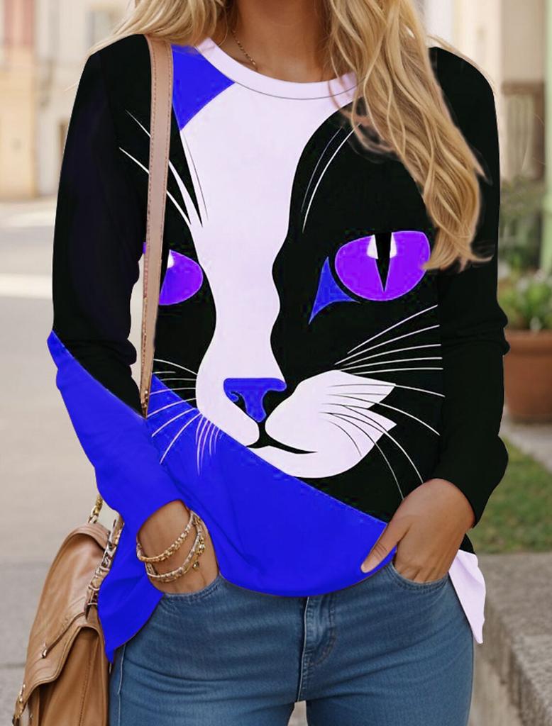 Women's T Shirts 3D Print Art Design Cat Pattern Long Sleeve Daily Weekend Fashion Funny Round Neck Regular Fit Spring & Fall