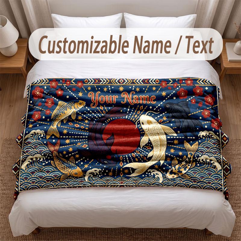 Koi Fish Theme Soft Blanket Personalized Custom Name Text Print Warm Blanket Home Sofa Bedroom Decor