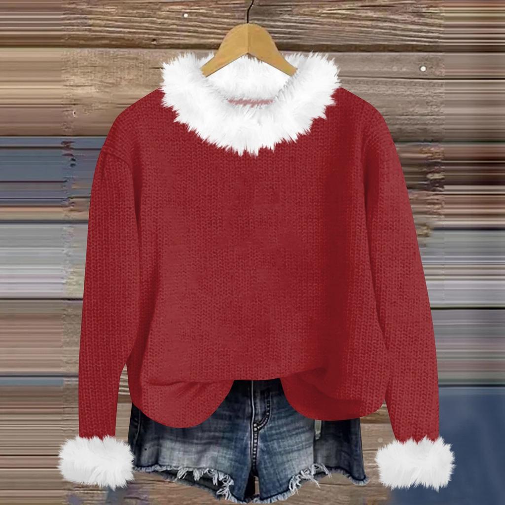 Свитшоты для женщин Вязаный свитер Милая рубашка Осенний круглый вырез Пуловер с меховым воротником Топы