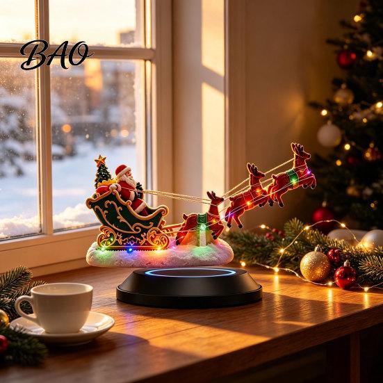 Levitating Holiday Display Lighted Floating Santa Sleigh, Magnetic Levitation Flying Sleigh Ornament with Magic Decoration LED Light, Christmas