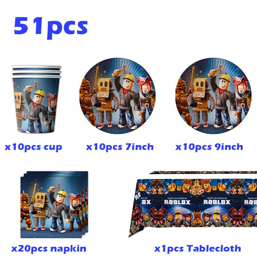 Robot Boy Happy Birthday Party Supplies Set Roblox Themed Paper Tablecloth Plate Cups Cake Balloons Baby Shower Game Decorations