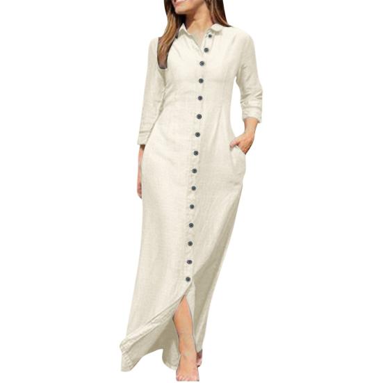 Spring Summer Women Dress Loose Pure Color Single-breasted Side Pockets Lapel V Neck Long Sleeves Split Hem Soft Breathable Casual Ankle Length