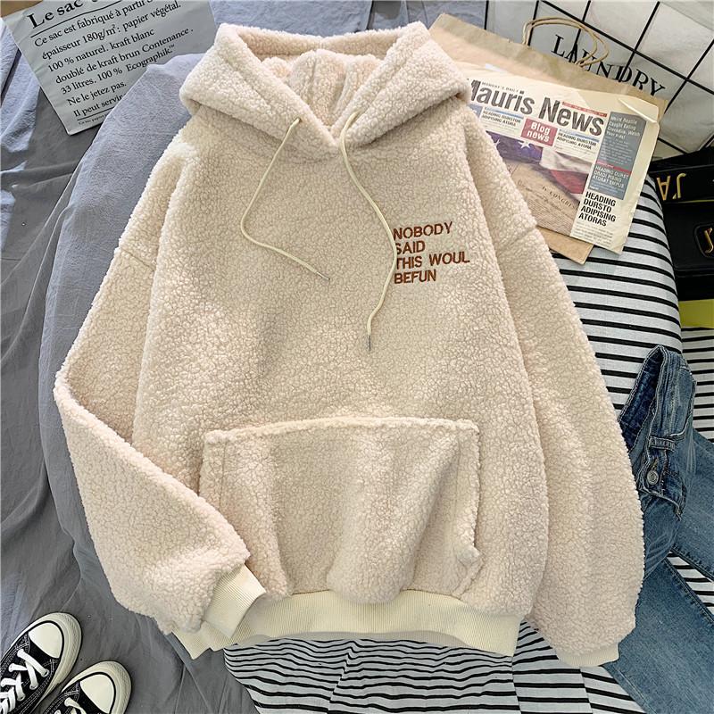 Autumn Winter Coat Pink Cute Apology Print Hooded Loose Pockets Harajuku Women Fleece Flannel Pullover Female Sweater