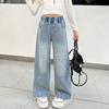 Девочки Прямые Брюки Весенне-Осенние Стили Джинсовые Светлые Вышитые Эластичные Брюки с Широкими Штанинами Детские Джинсы