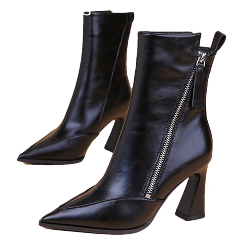 Женские ботильоны на высоком каблуке, кожаные, с острым носком, элегантные туфли 2025 года, модные дизайнерские туфли-лодочки на молнии, зимние гладиаторские туфли-лодочки
