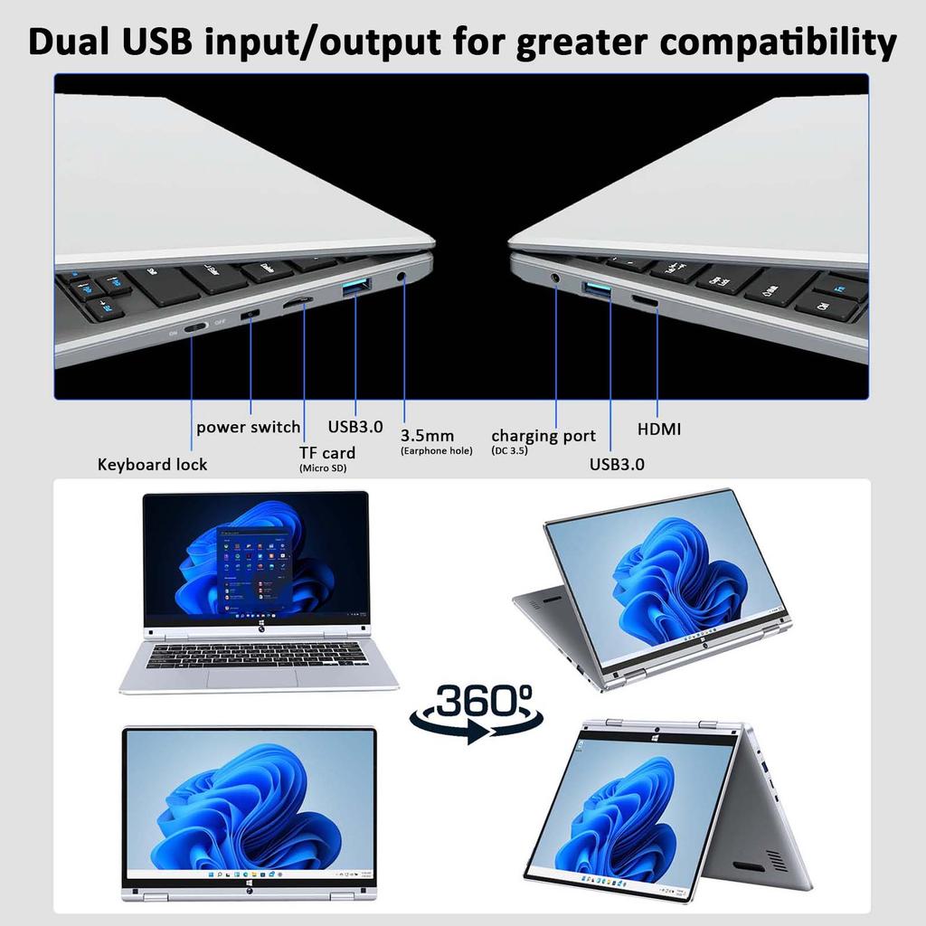 Ноутбук HDTOSNER с сенсорным экраном 11,6 дюйма, процессор Intel, 8 ГБ ОЗУ, твердотельный накопитель 256 ГБ, Windows Pro, серебристый, ноутбук для работы и учебы
